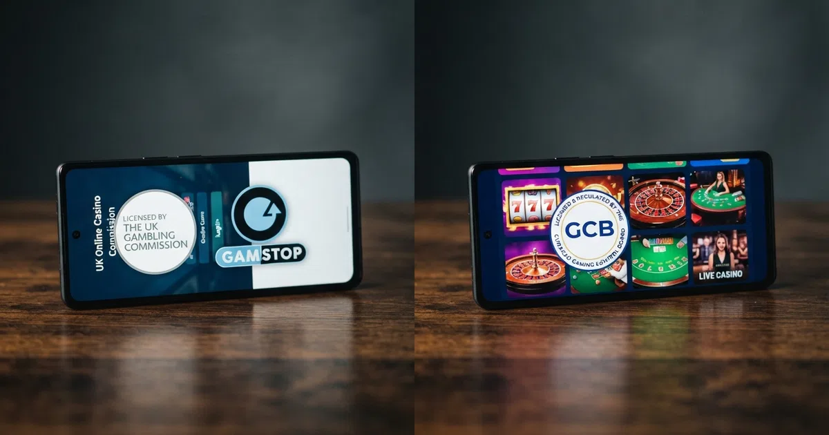 A split-frame illustration: on the left a smartphone showing a UKGC licence badge and a GamStop logo, on the right a phone displaying a casino lobby with a Curaçao licence flag and no GamStop icon — the visual separation of the two regulatory worlds