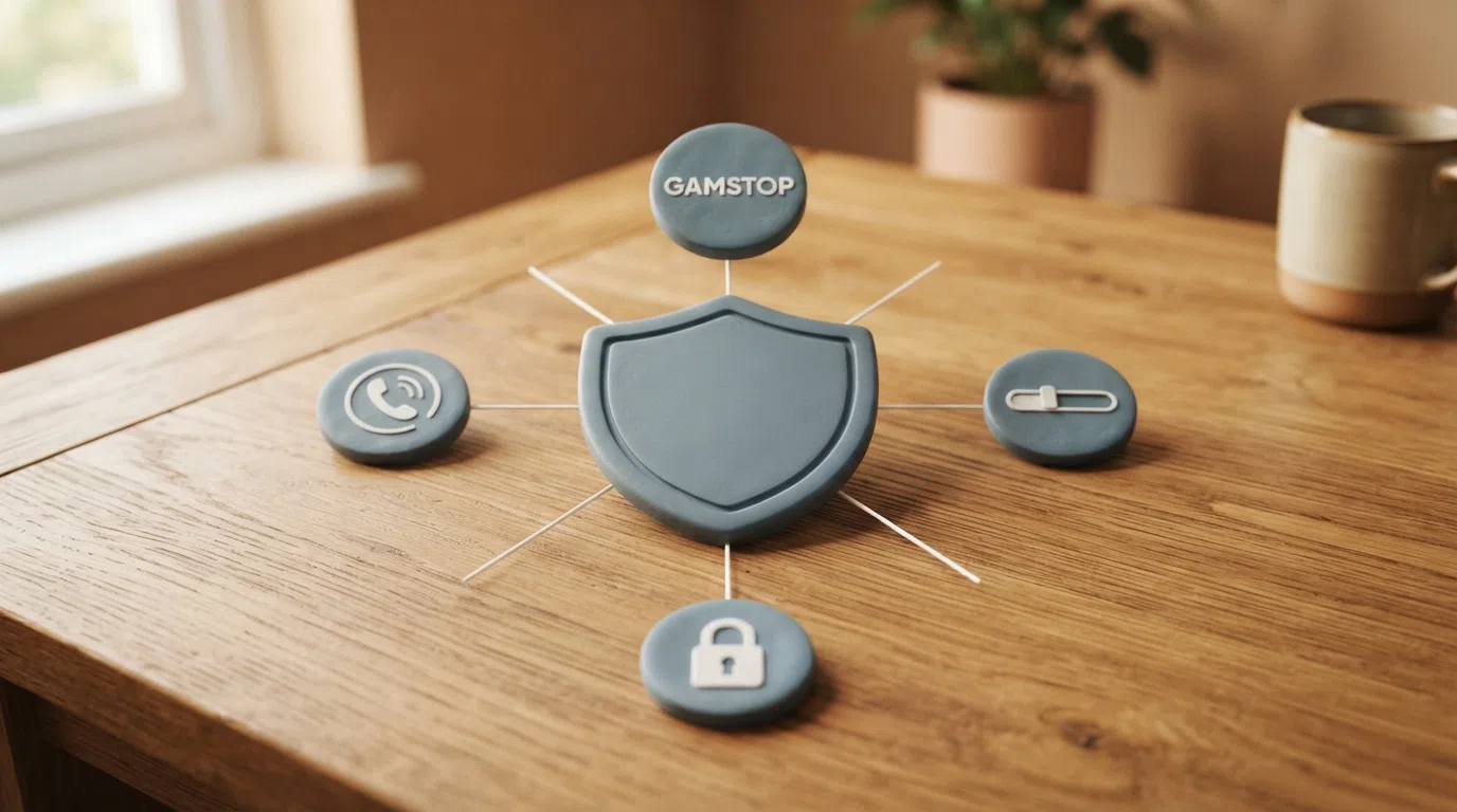A shield icon marked with a regulatory seal, linked by lines to smaller icons for GAMSTOP, a deposit-limit slider, a padlock and a helpline phone symbol
