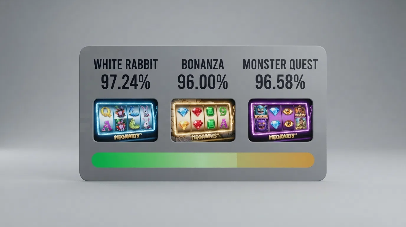 A visual comparison card for three BTG slots showing their RTP percentages as bold numbers beside the game titles, with a colour bar from green to amber for the spread
