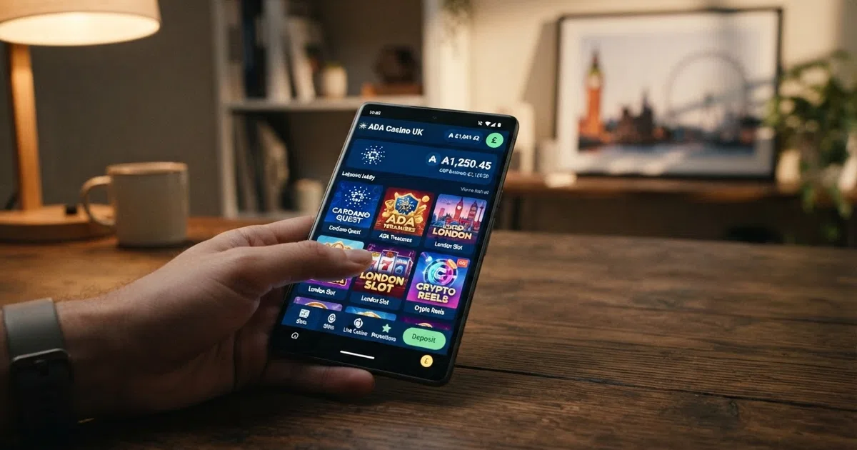 A smartphone screen showing a crypto casino game lobby with a Cardano ADA logo visible alongside slot game tiles