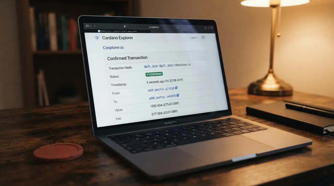 A blockchain explorer screen showing a confirmed Cardano transaction with low fee and fast settlement confirmation
