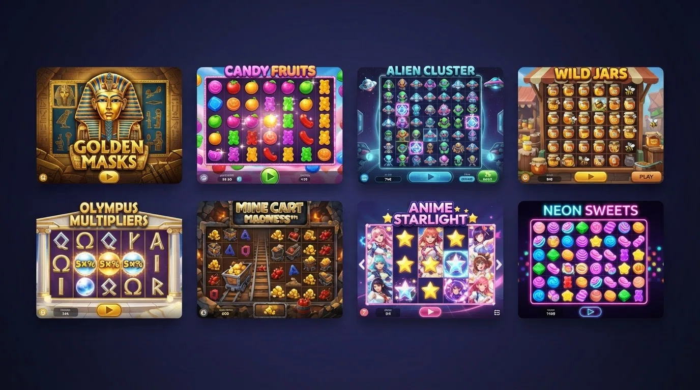 Eight slot-title logos arranged in a grid — Gonzo's Quest, Sweet Bonanza, Reactoonz, Jammin' Jars, Gates of Olympus, Bonanza Megaways, Moon Princess, Sugar Rush