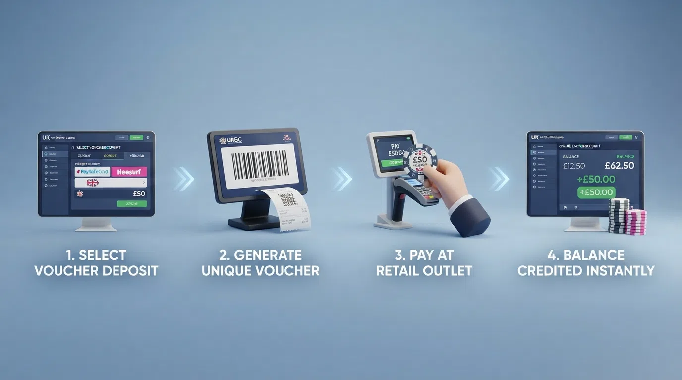 A step-by-step illustration of the four-stage CashToCode deposit process: casino cashier selection → barcode generation → cash payment at a PayPoint counter → funds credited to the casino account