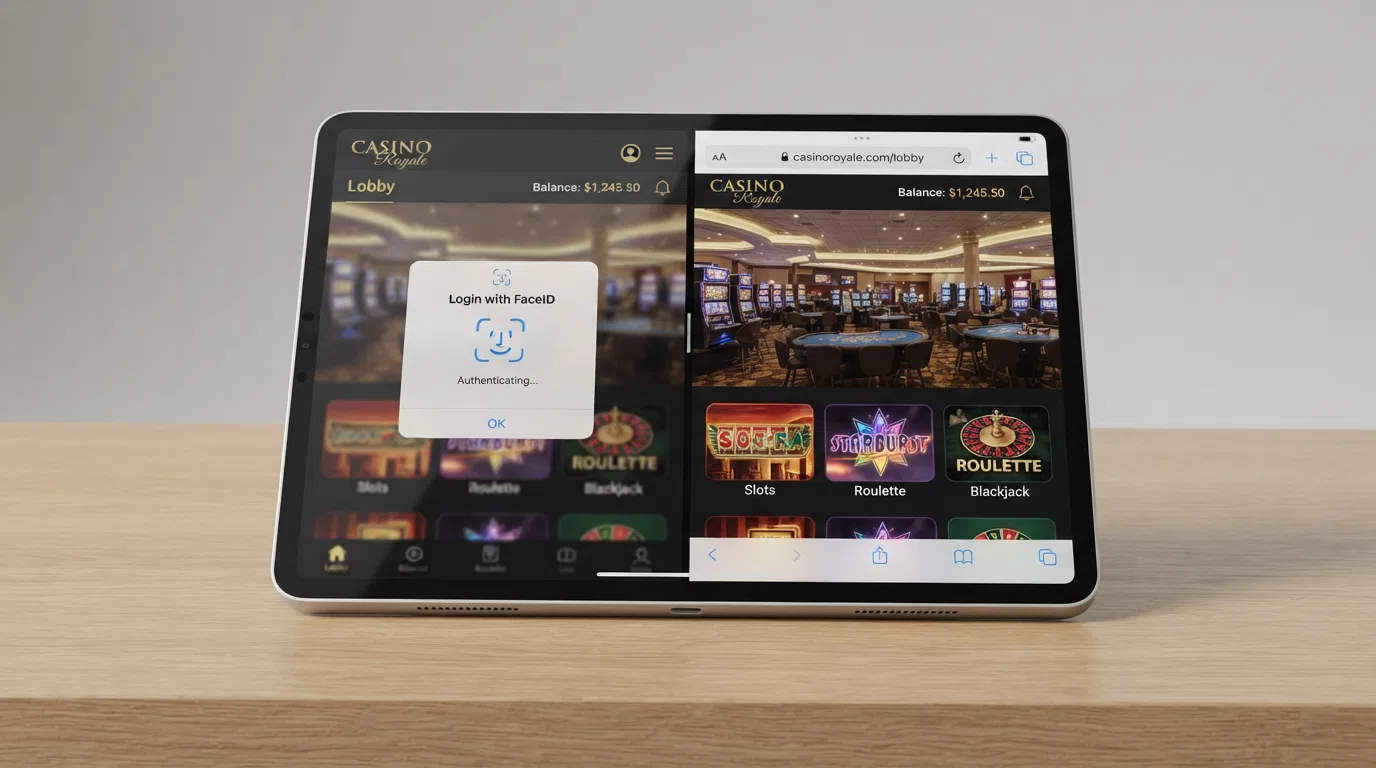 A split-screen iPad view: the left side shows a native casino app with a FaceID login prompt, the right side shows Safari open to the same casino's mobile site, both showing a slot lobby.