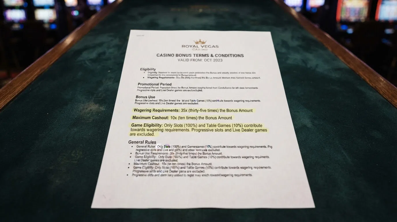 Close-up of casino bonus terms and conditions text highlighting the wagering requirement multiplier, maximum cashout figure and game eligibility clause