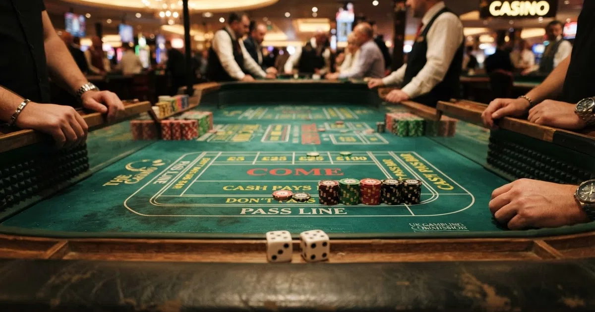 A green casino craps table seen from the player's side, two white dice resting against the padded rail, colourful chips stacked on the pass line, the table layout illuminated under warm casino lighting