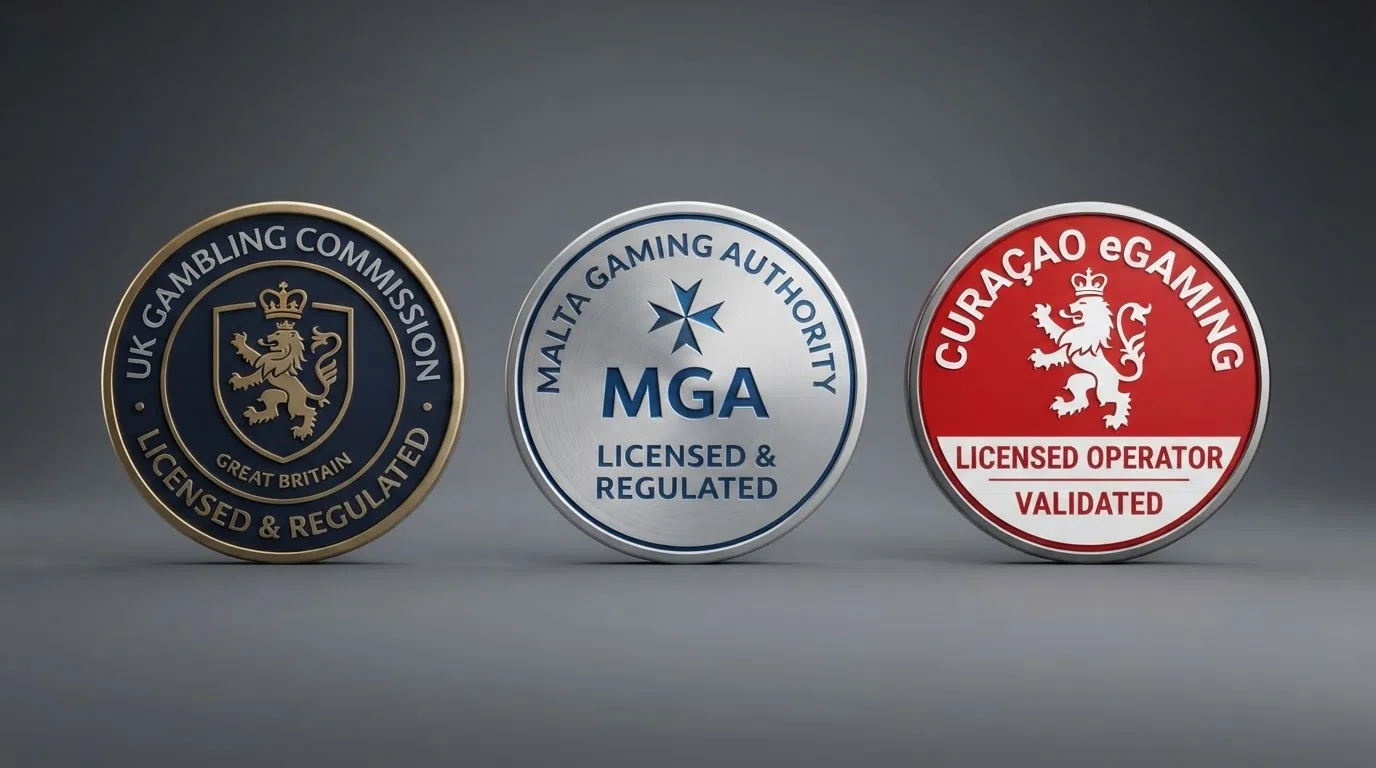 Three casino licensing badges arranged side by side on a dark background: the UK Gambling Commission logo on the left, the Malta Gaming Authority badge in the centre, and a Curaçao eGaming seal on the right, each at the same size for direct comparison.