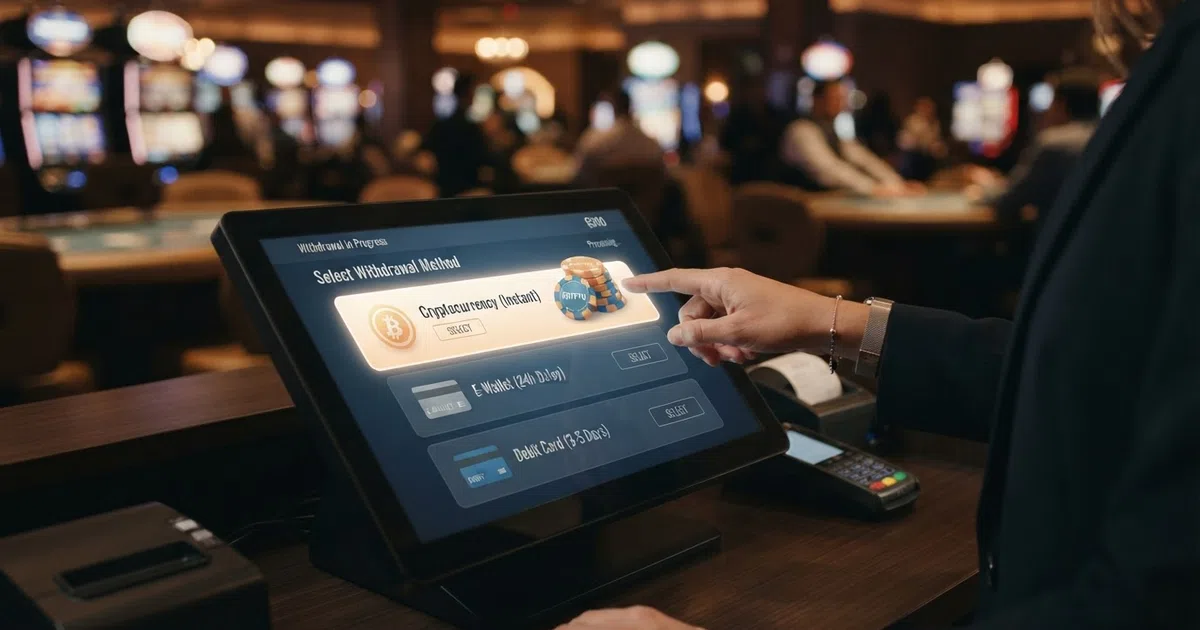 A casino cashier screen showing a withdrawal in progress with crypto, e-wallet and card options listed