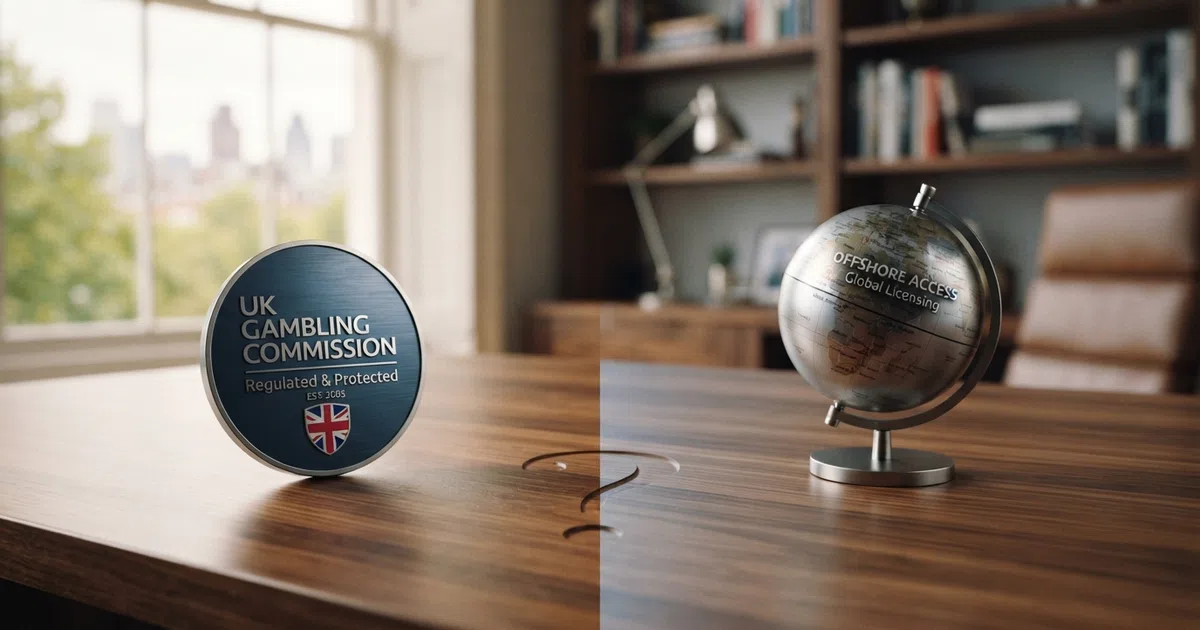 A split-frame illustration: on the left side a UKGC badge with a padlock icon and the GamStop logo beneath it; on the right side a globe icon representing offshore licensing jurisdictions; a question mark sits between them