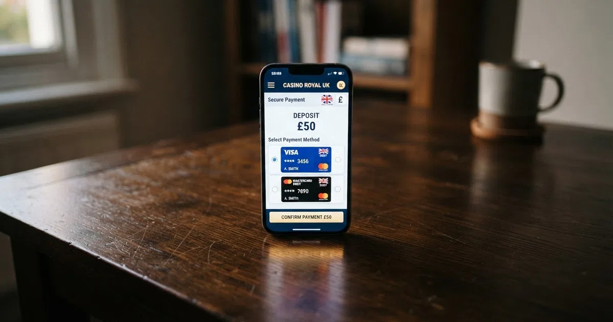 A UK online casino deposit screen displaying Visa Debit and Mastercard as available payment methods