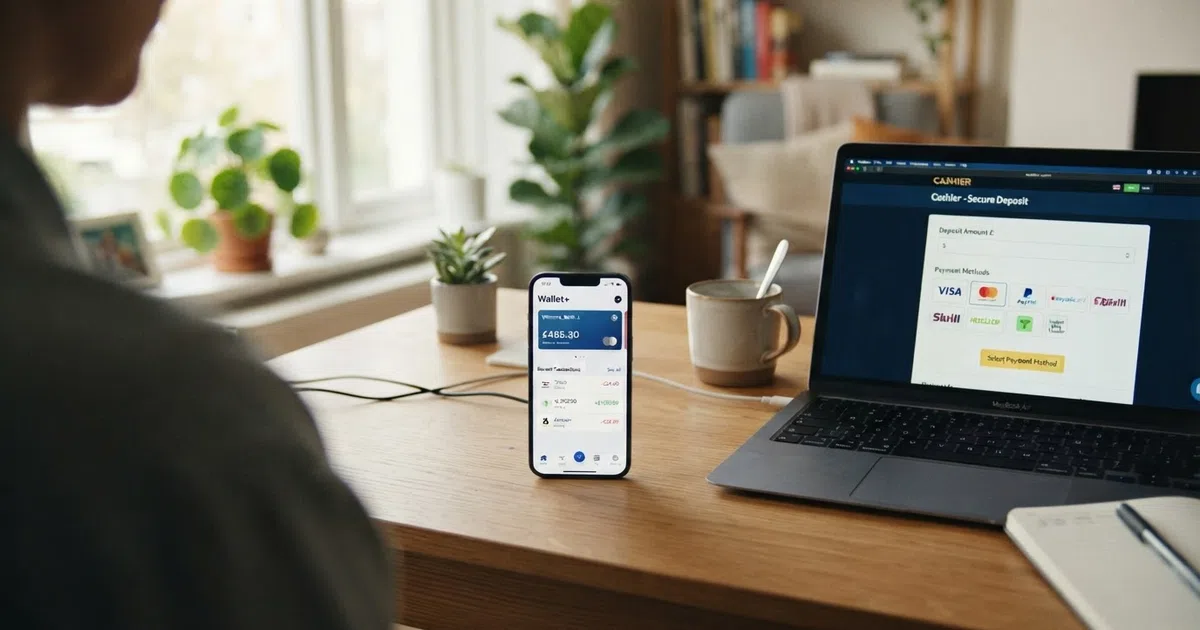 A smartphone displaying the Jeton Wallet app home screen beside a laptop showing a UK online casino cashier page with multiple e-wallet logos visible.