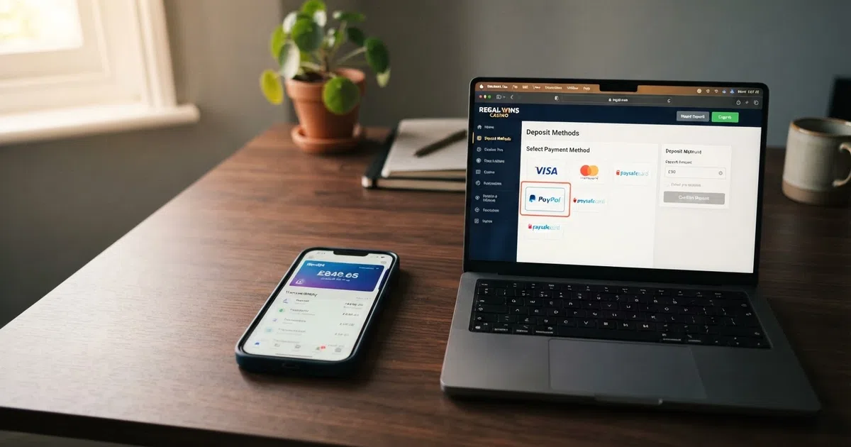A smartphone displaying the Skrill app balance screen next to a laptop showing a UK online casino cashier with the Skrill logo among the deposit options