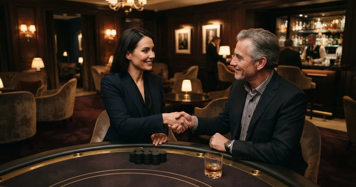 A well-appointed casino VIP lounge interior with a dedicated host greeting a player at a private gaming area