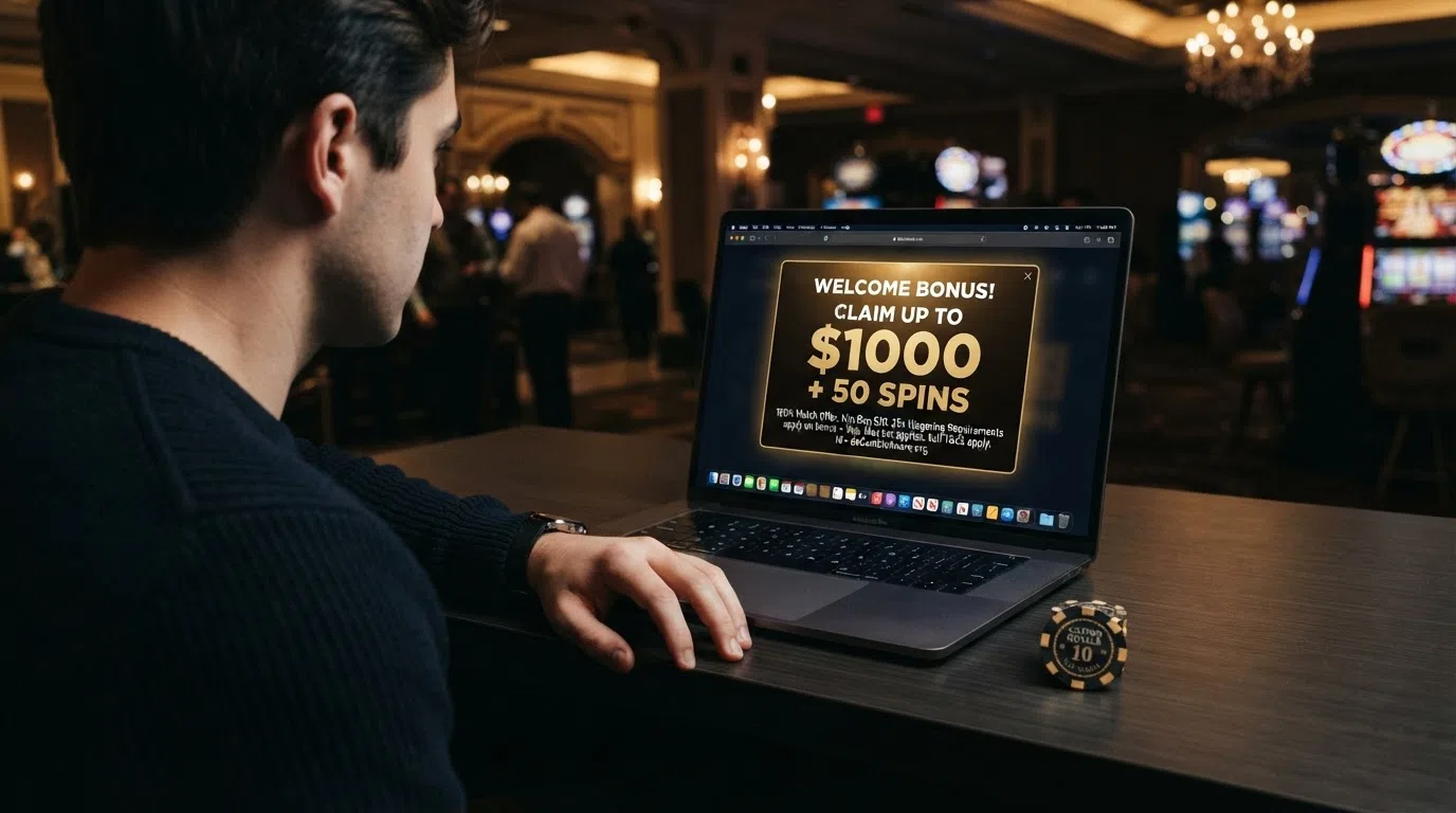 A welcome-bonus popup on a casino site showing a match-offer figure with wagering-requirement terms in fine print below