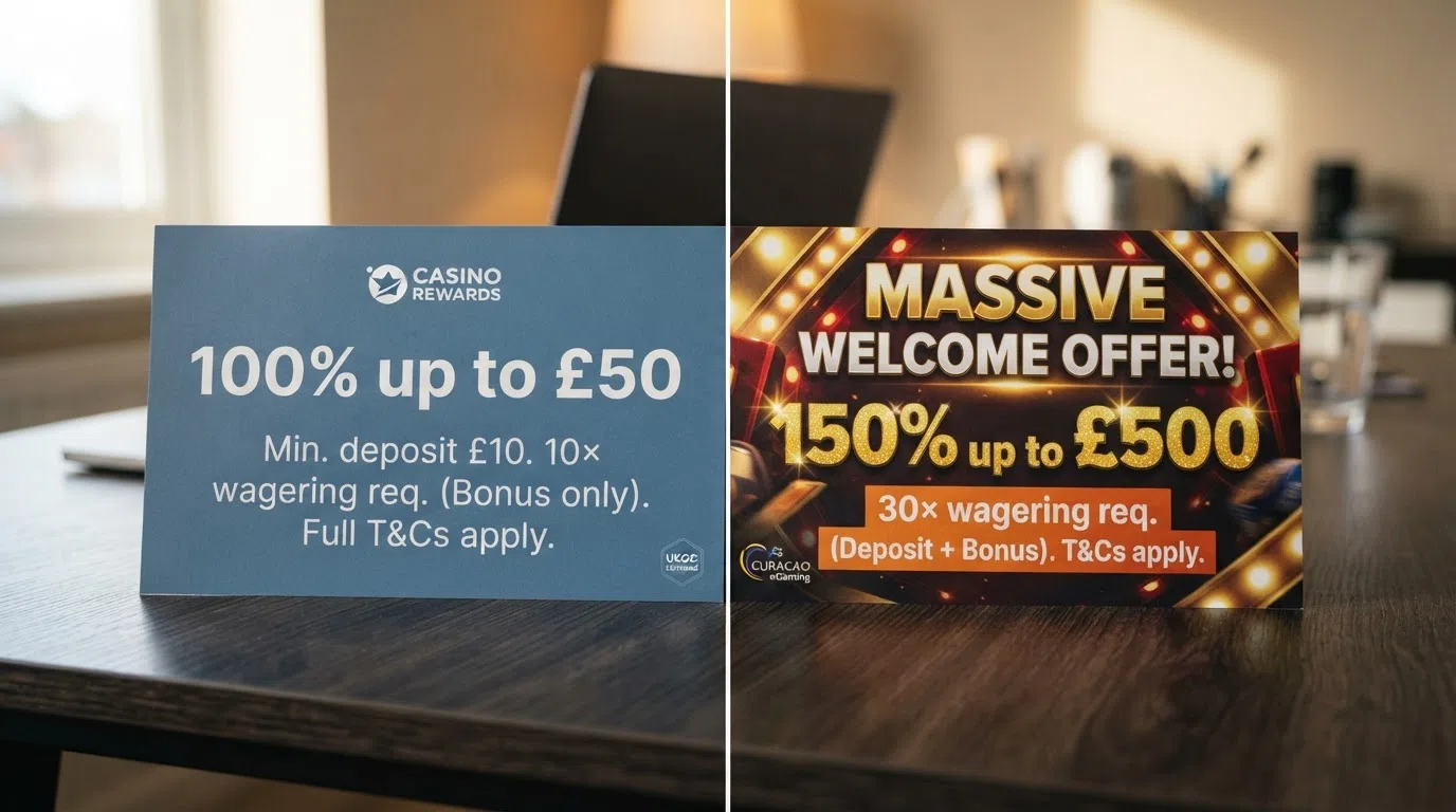 A split-screen comparison of two casino welcome-offer banners: the left side shows “100% up to £50 — 10× wagering” in a clean UKGC-style layout, the right side shows “150% up to £500 — 30× wagering” in a flashier offshore-style design, with the wagering terms highlighted in a contrasting colour on both sides.