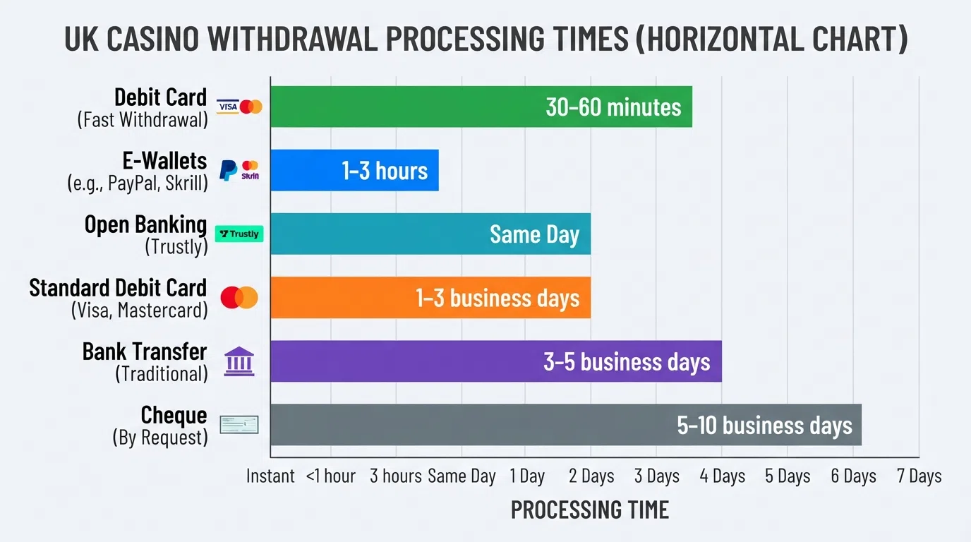 A horizontal bar chart comparing withdrawal processing times across six UK casino payment methods, ranging from 30 minutes for Visa Direct to 7 business days for standard bank transfer