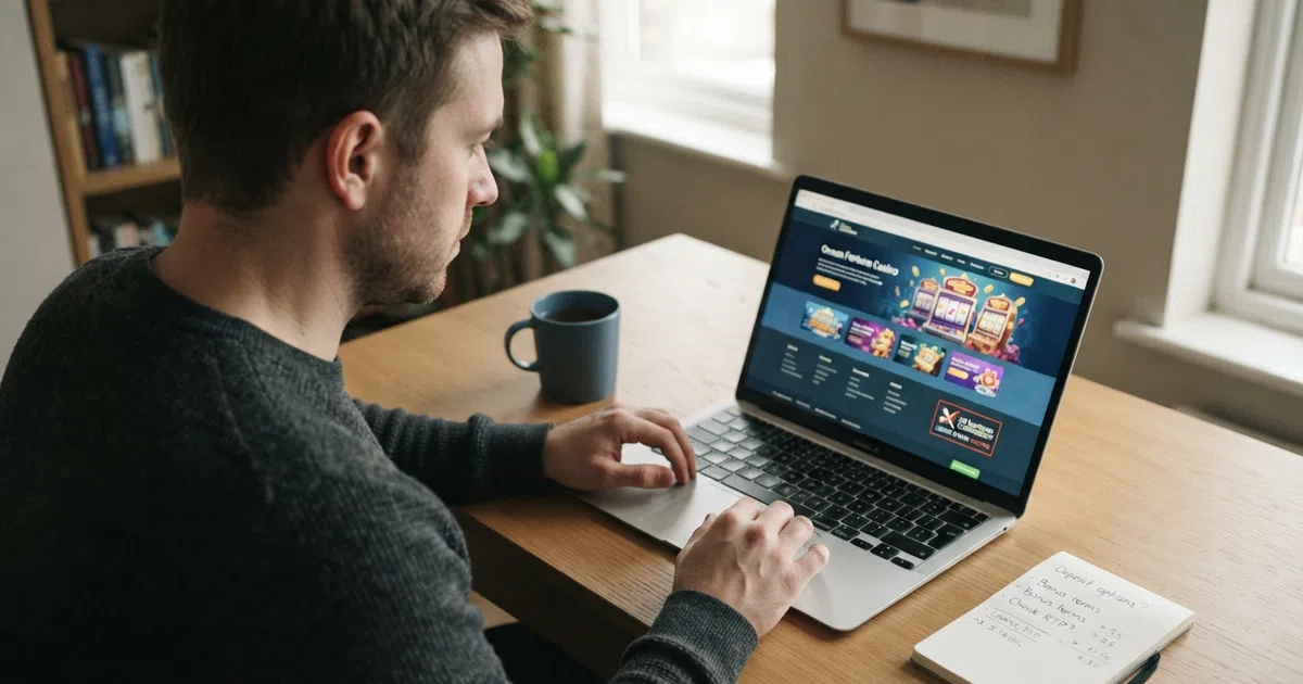 A British player researching casino options on a laptop, with an offshore casino homepage visible beside a UKGC licence badge shown as inactive