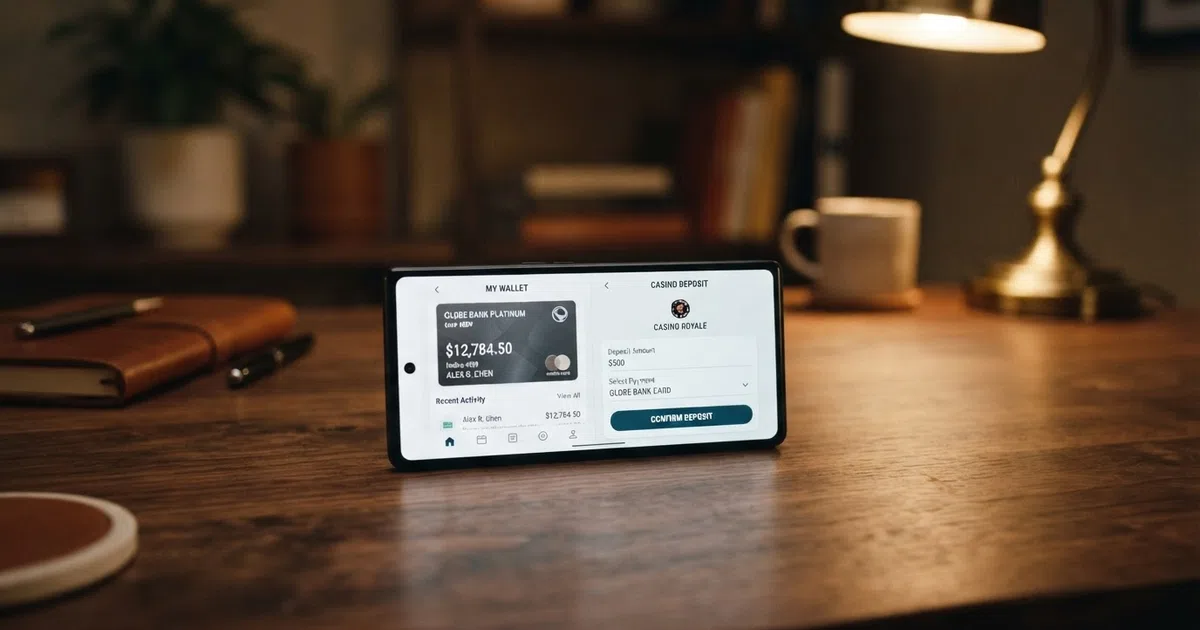 An AstroPay virtual card and wallet balance on a phone beside a casino deposit screen