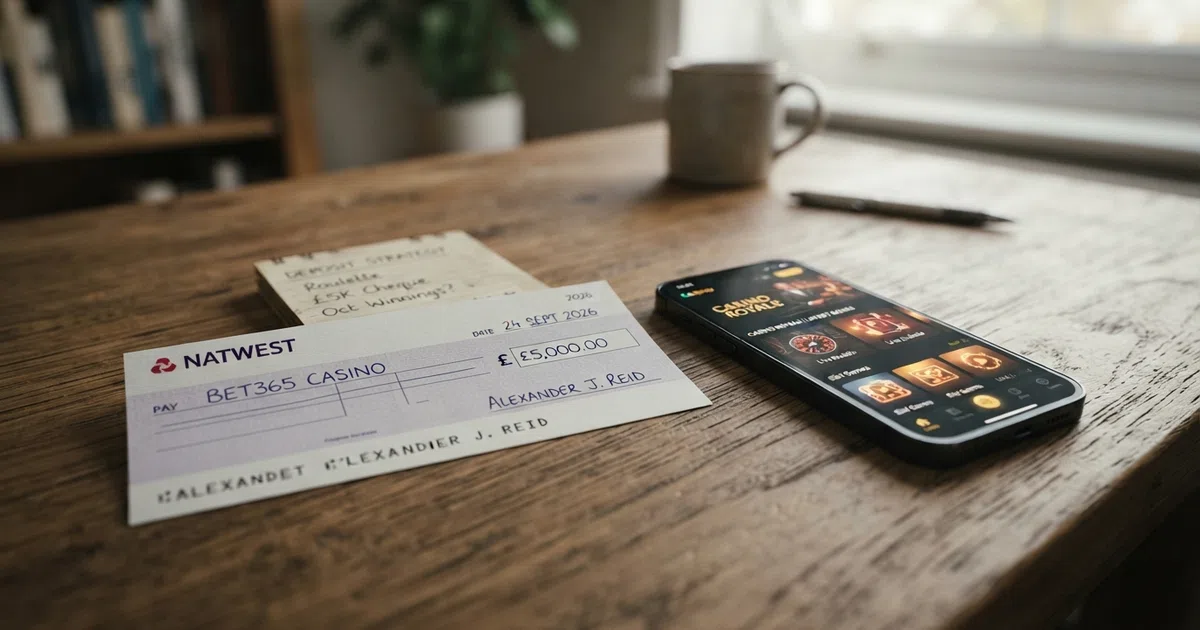 A British bank cheque lying on a desk next to a smartphone displaying an online casino lobby, with a calendar page visible in the background