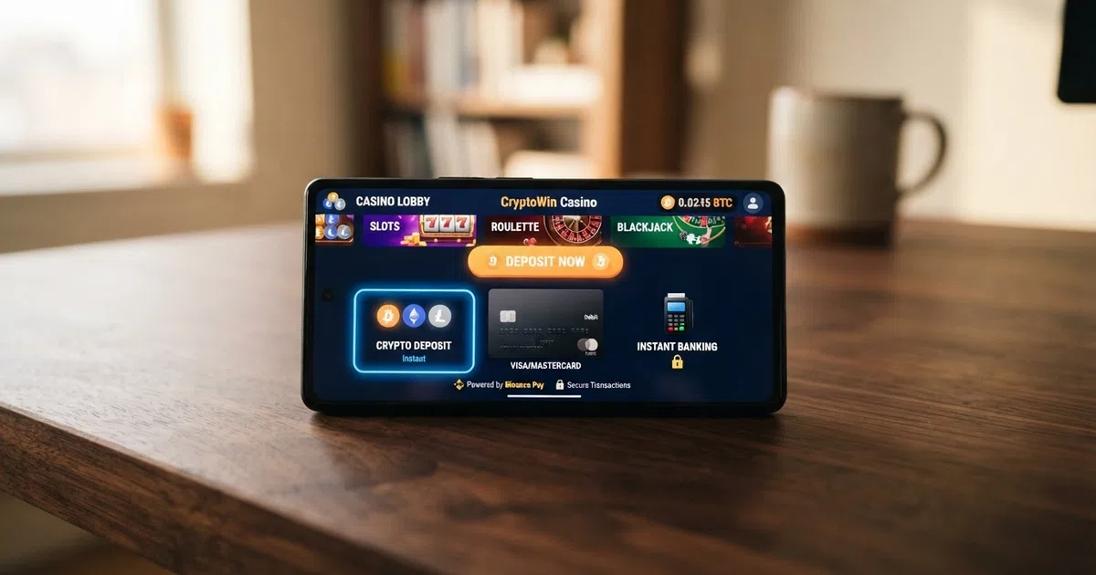 A casino lobby on a phone screen with a Bitcoin wallet, a deposit button and a card-payment row side by side