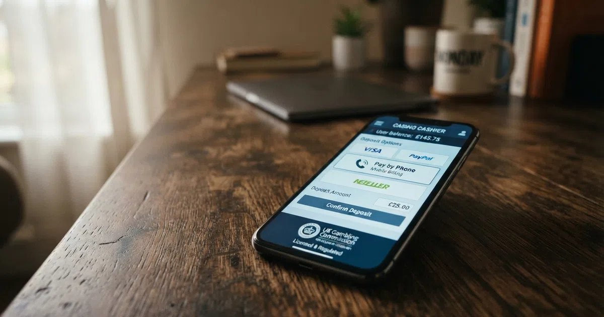 A UK mobile phone screen displaying a casino cashier page with Boku and Pay by Phone listed among the deposit options, alongside a debit card and the casino's UKGC licence badge visible at the footer