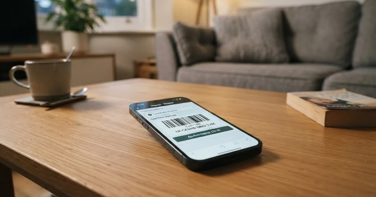 A UK online casino cashier screen showing CashToCode selected as the deposit method, with a barcode displayed ready for scanning at a PayPoint terminal