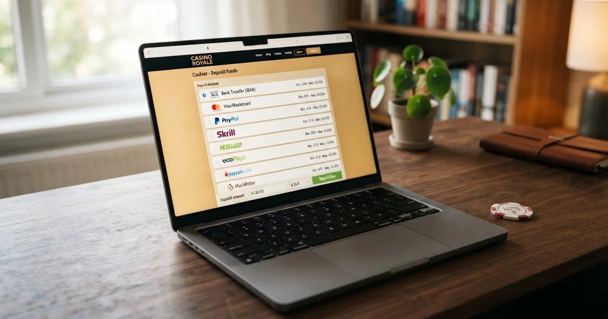 An online casino cashier screen listing deposit options on a laptop
