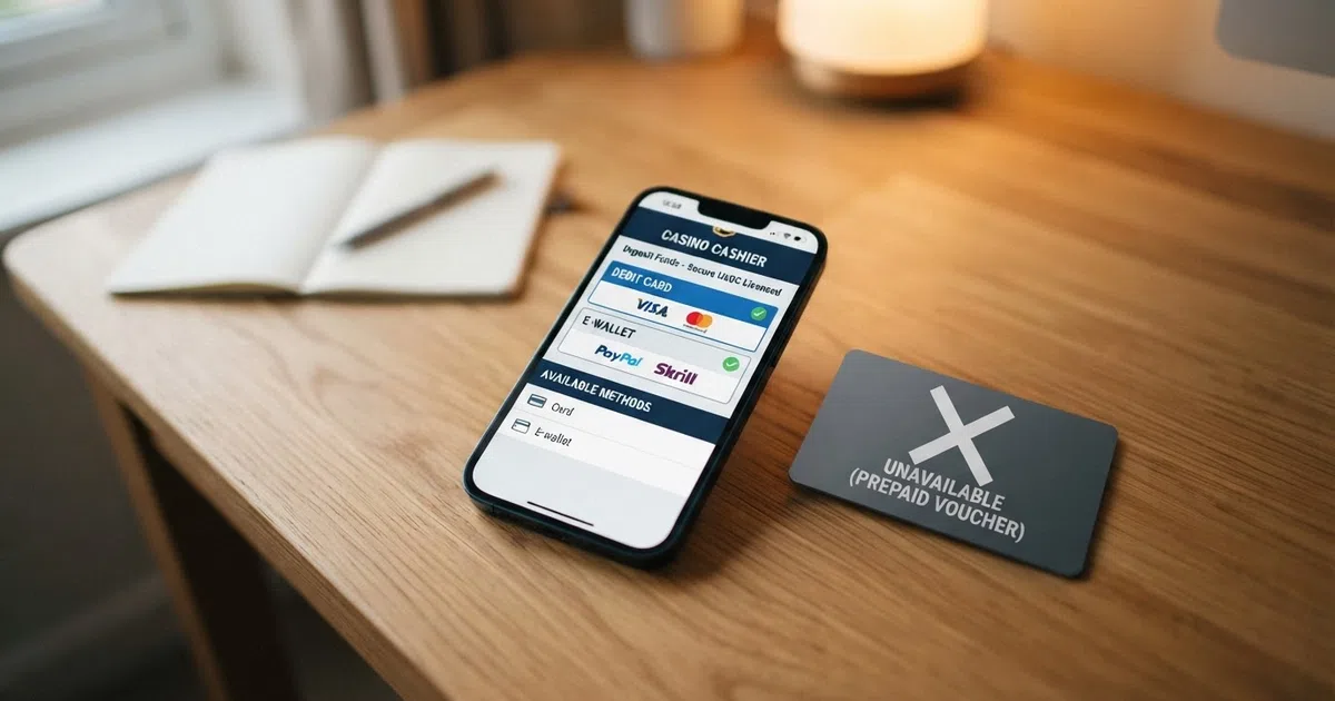 A smartphone screen displaying a UK online casino cashier page with debit card and e-wallet deposit options visible, alongside a crossed-out or greyed-out wallet icon