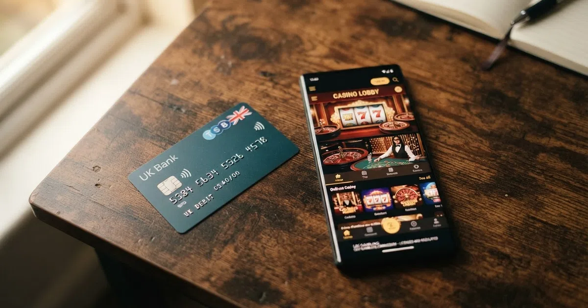 A close-up of a UK debit card resting on a desk beside a smartphone showing an online casino lobby screen, with the Gambling Commission logo visible in the site footer