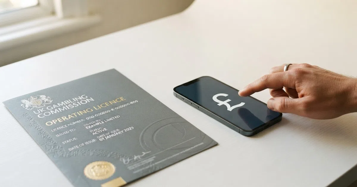A UK Gambling Commission licence certificate beside a smartphone displaying a casino cashier screen with a Diners Club card crossed out in red, on a clean white desk surface