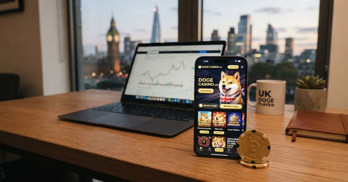 A laptop and smartphone side by side, the phone screen showing a Dogecoin casino lobby with the DOGE Shiba Inu logo and slot game thumbnails, a DOGE coin visible on the desk