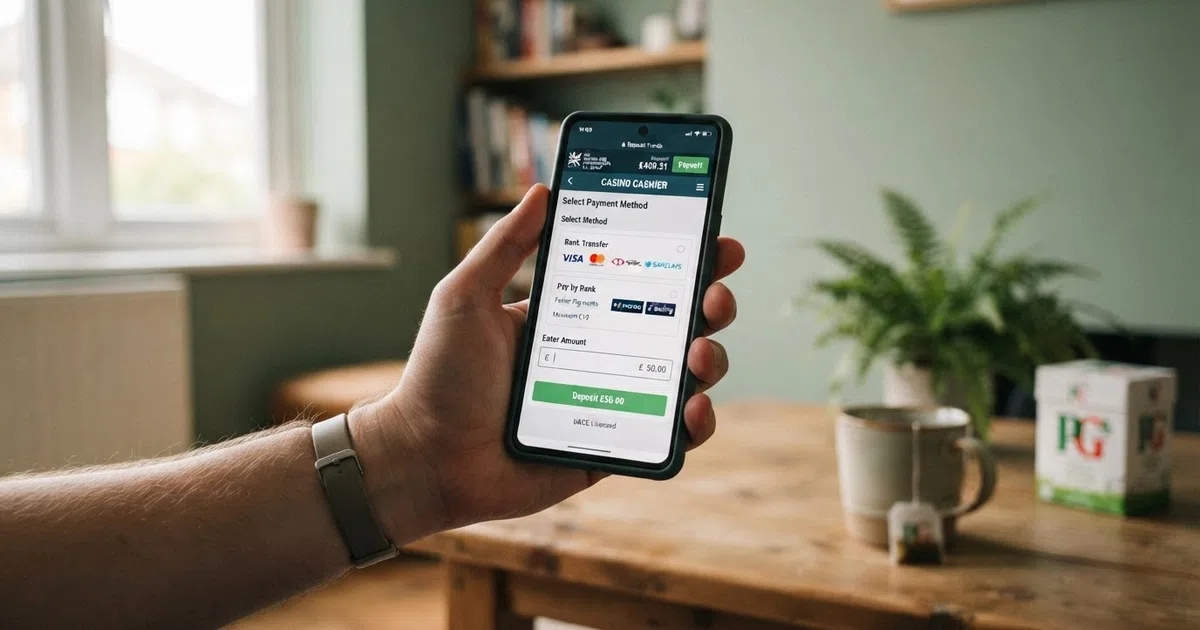 A UK player's hand holding a smartphone displaying an online casino cashier screen; the visible deposit options show bank transfer and Open Banking (Trustly), not eCheck, with a British pound symbol on the amount field and a domestic setting in the background.