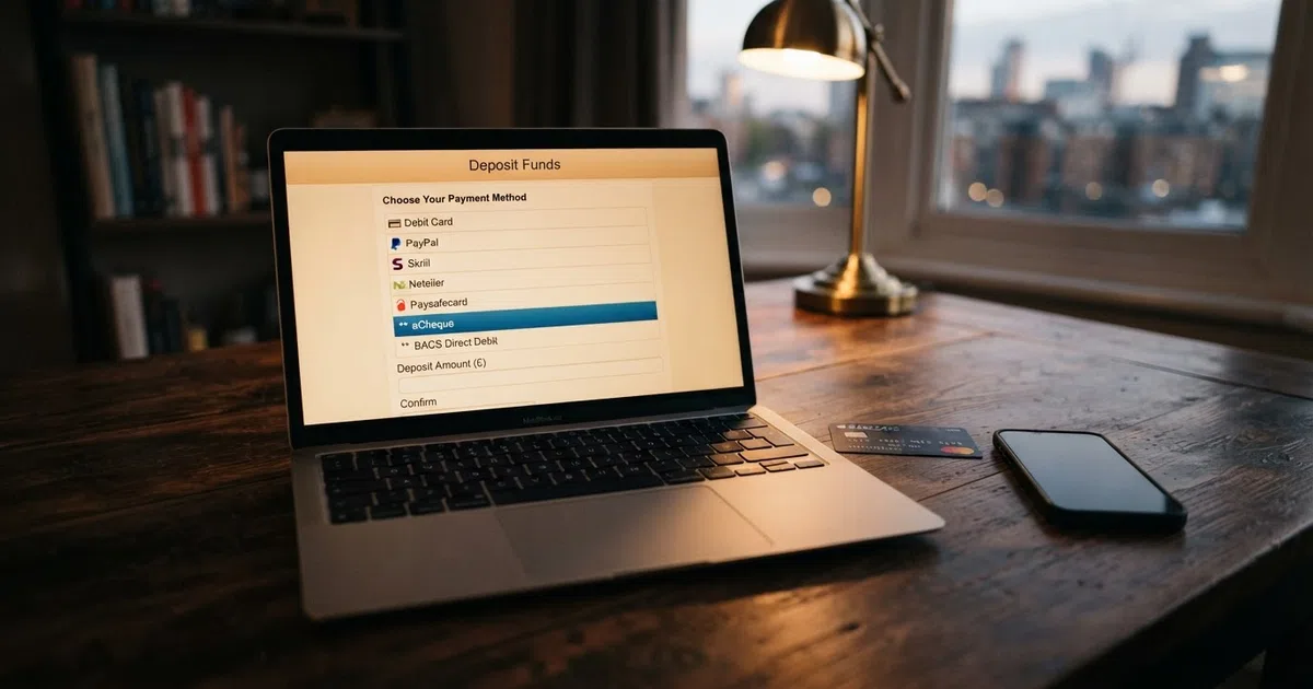 A UK online casino cashier screen showing echeque and BACS Direct Debit listed among the deposit options, with a British bank card and a smartphone beside a laptop
