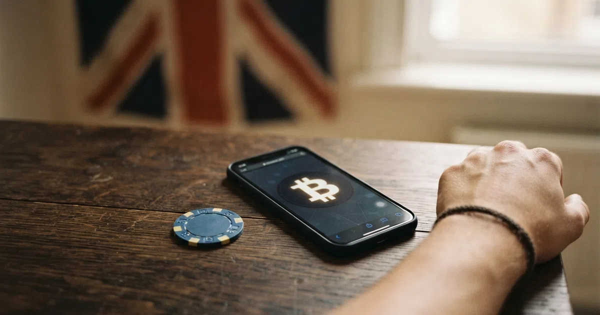 An Ethereum logo on a smartphone screen beside a casino chip, with the UK flag visible in the background