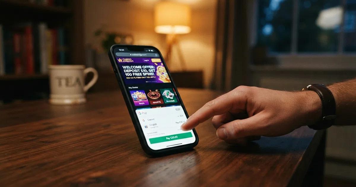 A smartphone screen showing the Google Pay payment sheet over a UK online casino lobby, with a casino welcome-offer banner visible in the background
