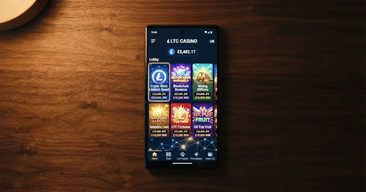 A smartphone screen showing a Litecoin casino game lobby with slot thumbnails and a visible Litecoin logo, set against a dark background with subtle blockchain-network visual elements