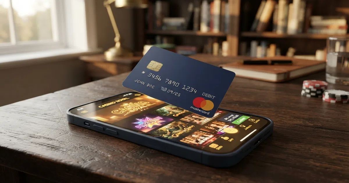 A Maestro debit card resting on a smartphone that displays an online casino lobby screen