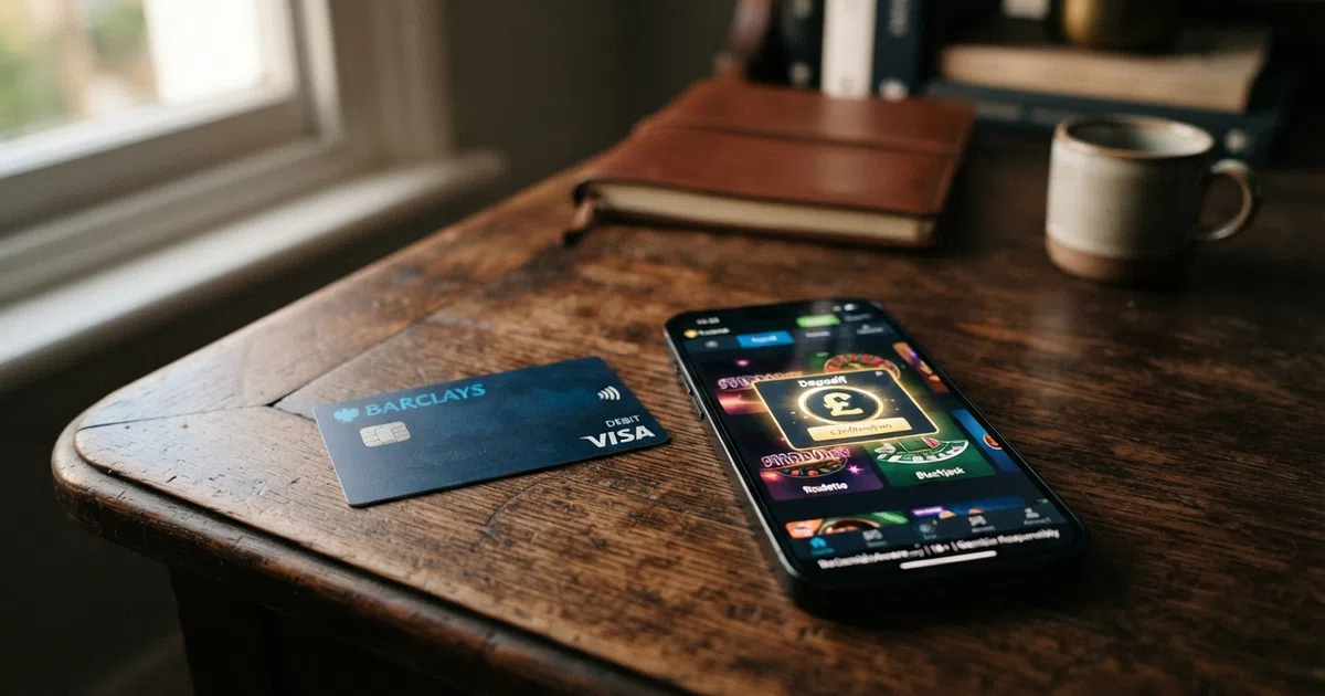 A Mastercard debit card on a desk beside a smartphone displaying a UK online casino game lobby with a responsible-gambling banner visible