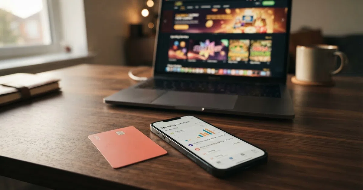 A Monzo debit card beside a smartphone showing the Monzo app interface, with a UK online casino lobby visible on a laptop screen in the background