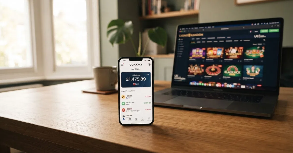 MuchBetter app interface on a smartphone screen showing a wallet balance, with a UK online casino lobby visible in the background on a laptop