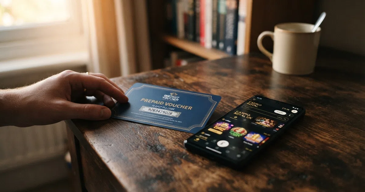 A Neosurf prepaid voucher with its 10-digit PIN code visible, placed beside a smartphone displaying a UK online casino lobby
