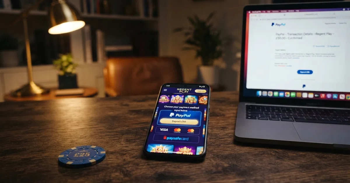 Neteller digital wallet interface beside a UK-licensed online casino lobby screen showing deposit method options including Neteller