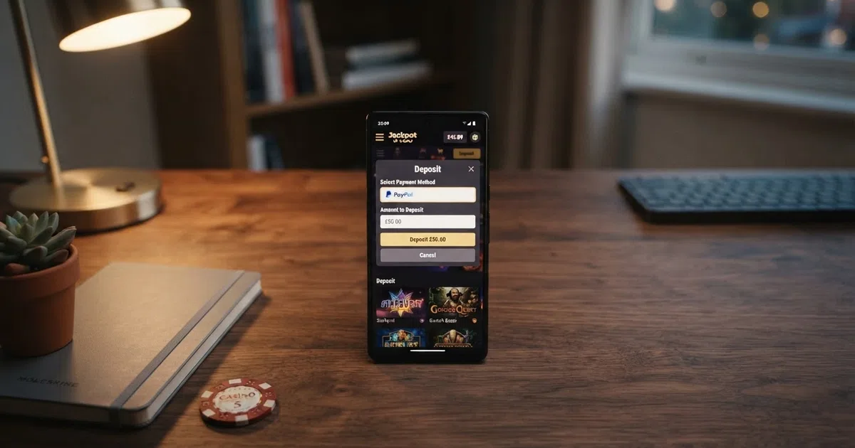 A UK player's smartphone showing a PayPal casino deposit screen with the PayPal logo and a casino lobby visible in the background.