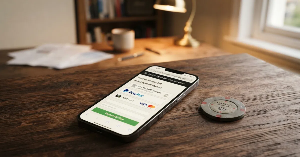 A smartphone screen showing a UK online casino deposit page with Trustly, PayPal and Visa Debit as available methods, beside a notification panel stating POLi is unavailable in the United Kingdom