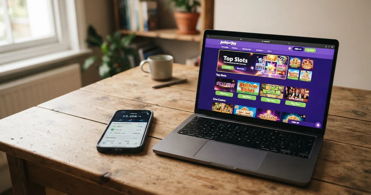 A smartphone showing the Revolut app home screen next to a laptop displaying a UK online casino game lobby with a slots game visible