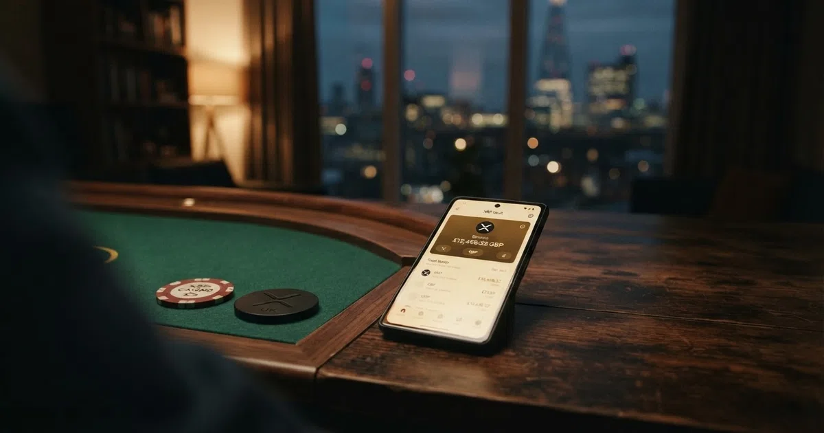 A smartphone showing a crypto wallet beside a casino table and a coin marked XRP