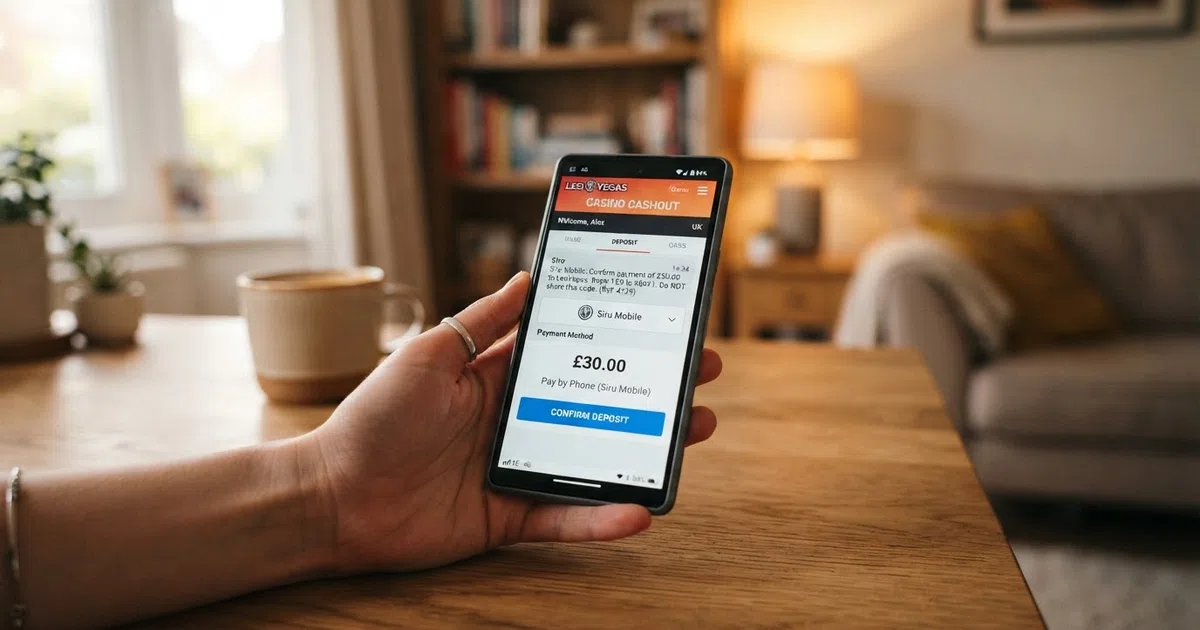 A smartphone held in one hand displaying a casino cashier screen with Siru Mobile selected as the deposit method and an SMS verification message arriving on screen