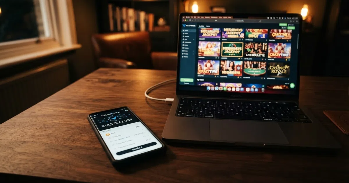 A smartphone displaying a cryptocurrency wallet app next to a casino lobby screen, with the Solana logo visible on both devices