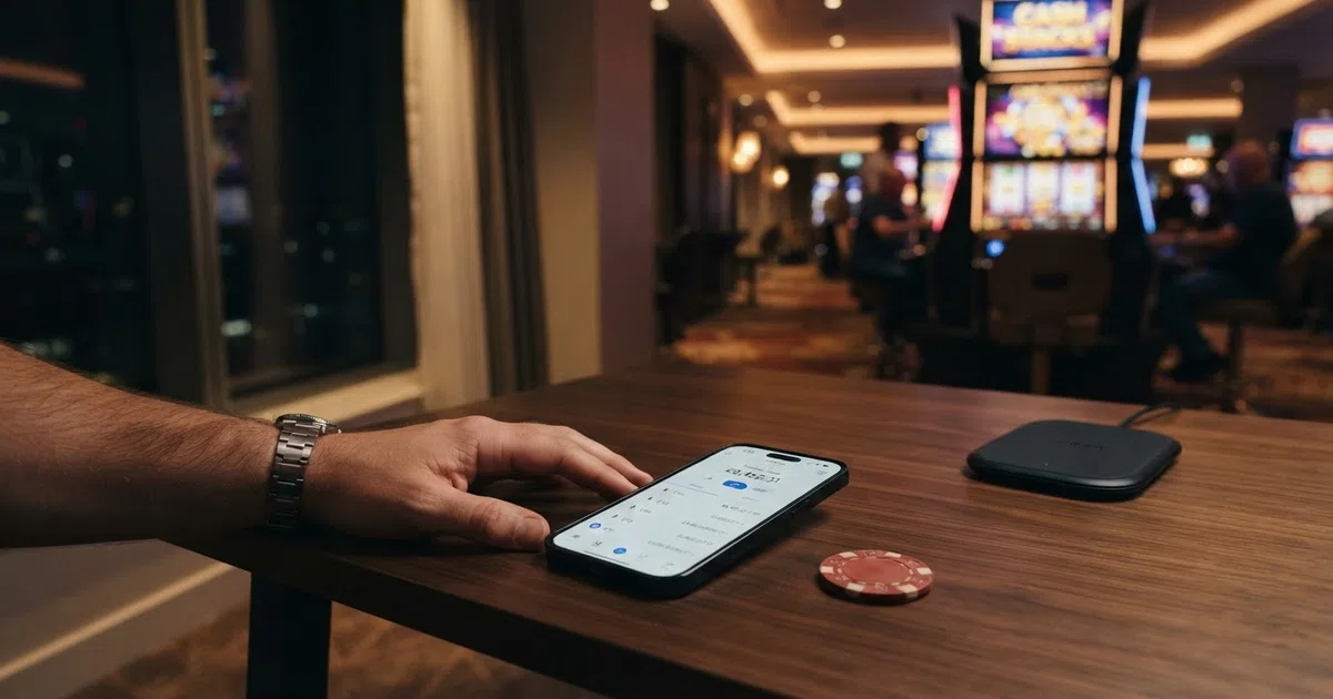 A smartphone screen showing a crypto wallet interface beside an online casino lobby, with USDT as the selected currency and a casino game visible in the background