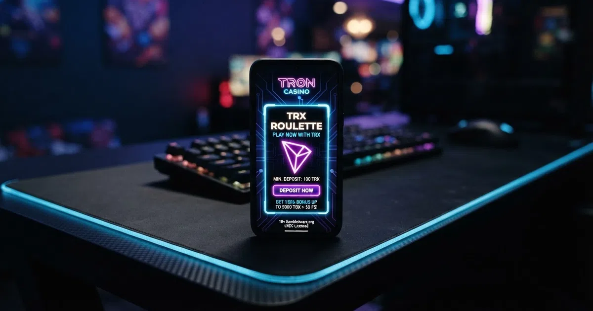 A smartphone screen showing a TRON casino lobby with the TRX logo visible on a game tile and a crypto deposit interface, set against a dark gaming-themed background